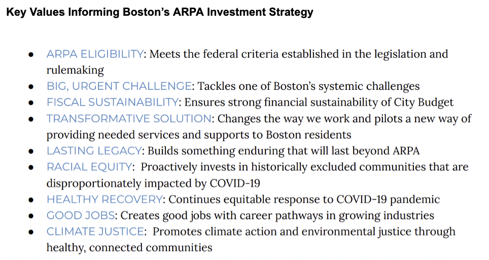 Key values informing Boston's ARPA investment strategy